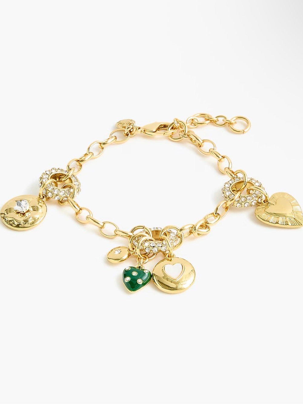 J. Crew Factory Gold Charm Bracelet with Green Enamel Heart and Crystal Rings